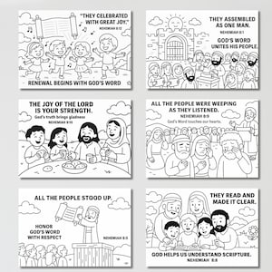 Puede incluir: Un conjunto de seis ilustraciones en blanco y negro con texto del libro de Nehem&iacute;as. Las im&aacute;genes representan escenas de personas celebrando, reuni&eacute;ndose y escuchando la palabra de Dios. Cada imagen incluye una referencia b&iacute;blica y una cita corta.