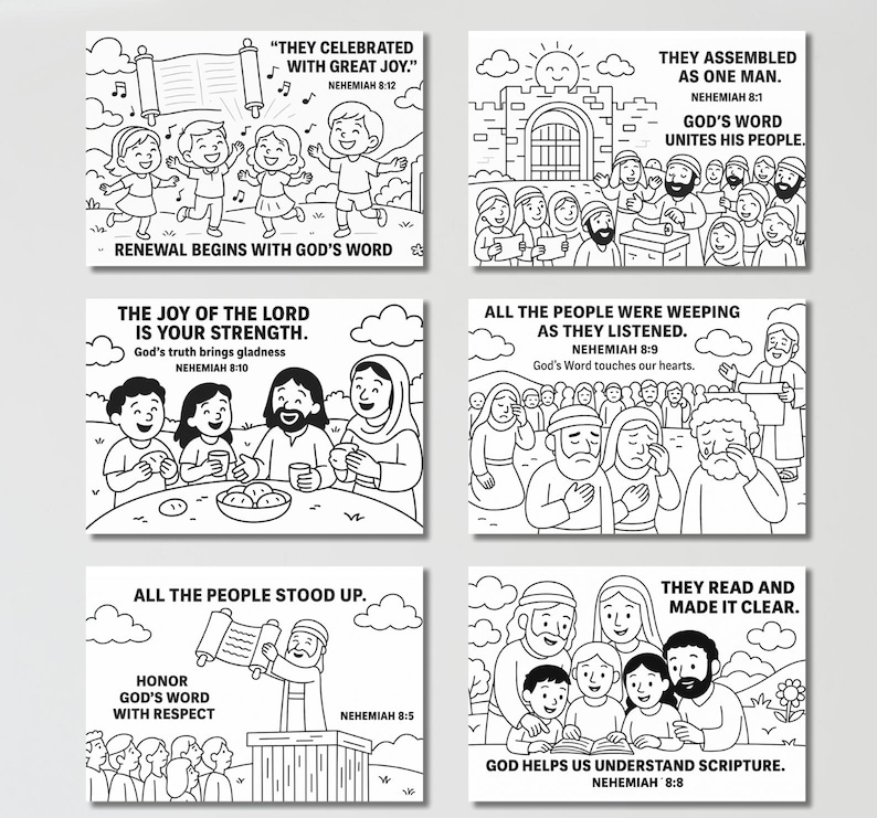 Puede incluir: Un conjunto de seis ilustraciones en blanco y negro con texto del libro de Nehem&iacute;as. Las im&aacute;genes representan escenas de personas celebrando, reuni&eacute;ndose y escuchando la palabra de Dios. Cada imagen incluye una referencia b&iacute;blica y una cita corta.