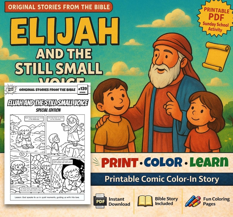 Elijah and the Still Small Voice Bible Comic Colouring Page for Kids: listing photo