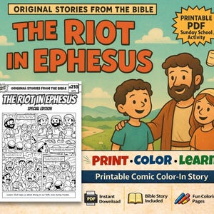 以下が含まれることがあります： 「The Riot in Ephesus」というタイトルの、印刷可能なPDF日曜学校アクティビティ。画像は、「Print, Color, Learn」というテキストを含む漫画スタイルのイラストです。聖書の話と楽しいぬりえページが含まれています。表紙には家族が描かれています。