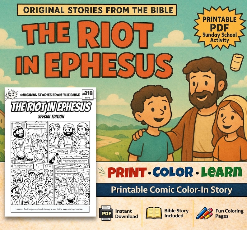 The Riot in Ephesus Bible Comic Colouring Page: listing photo