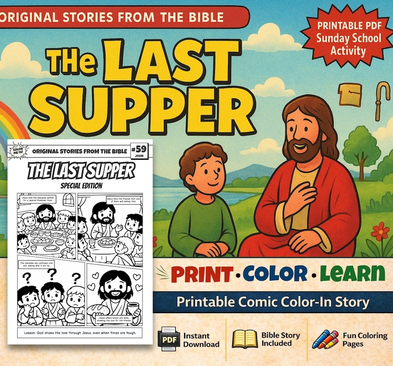 Last Supper Bible Comic Colouring Page: listing photo