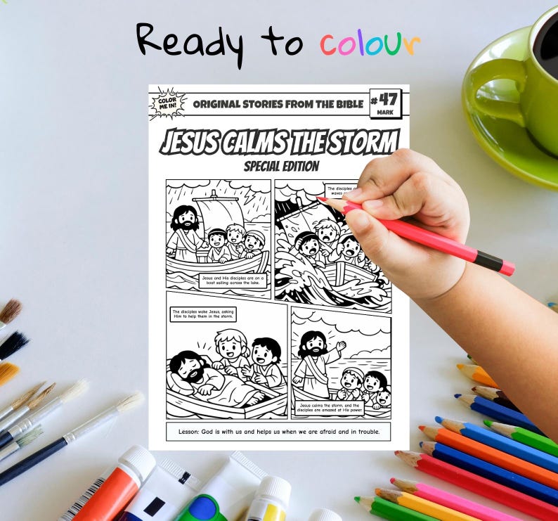 Jesus Calms the Storm A4 Bible Comic Coloring Page | Sunday School ...