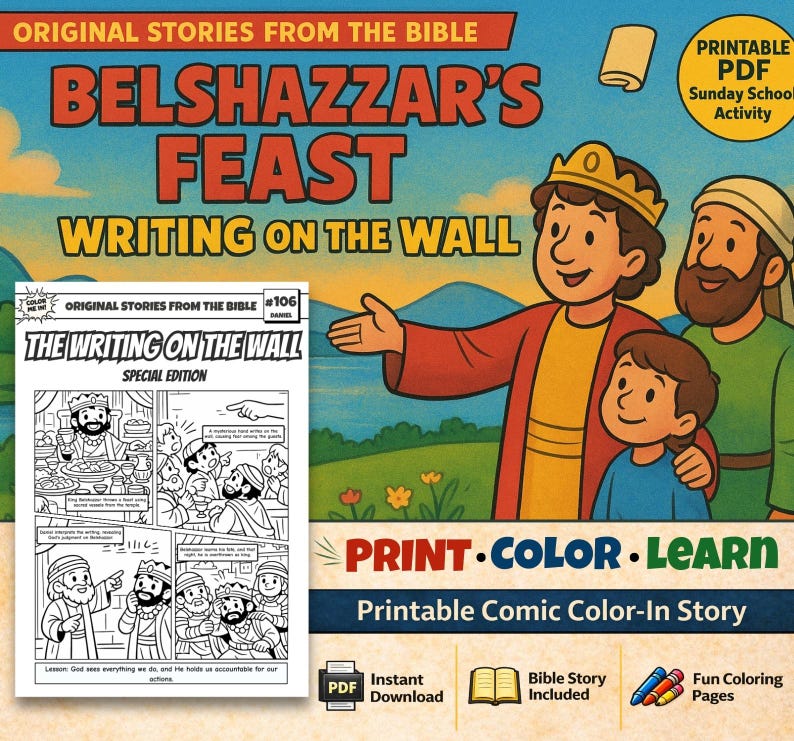 Belshazzar’s Feast Writing on the Wall Bible Comic Colouring Page: listing photo