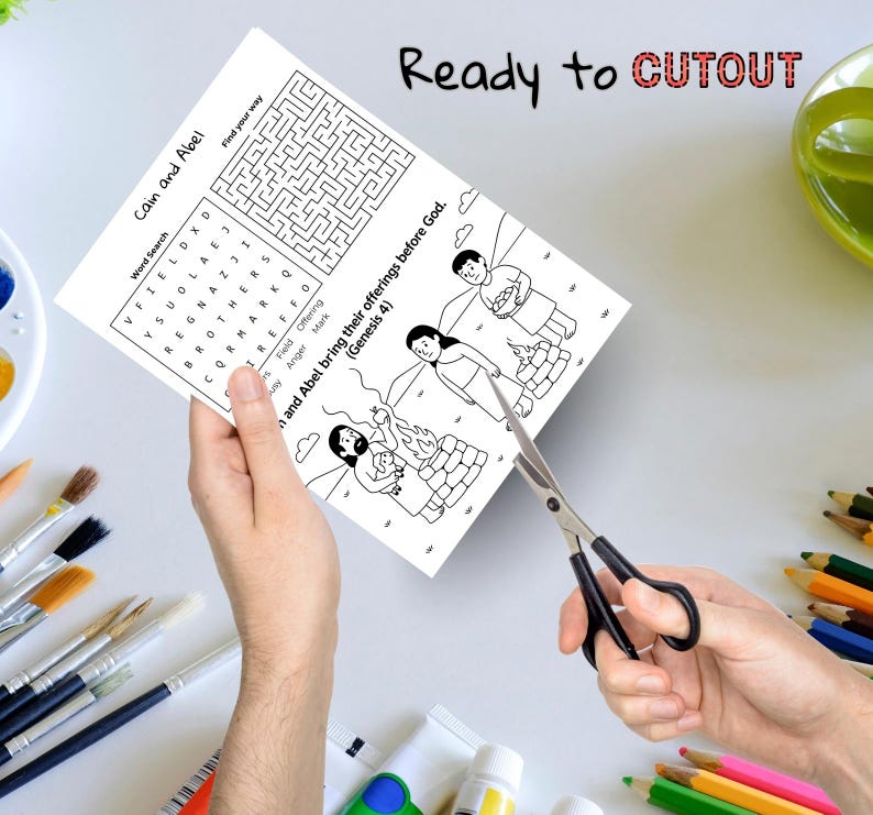 May include: A black and white activity sheet with the text "Cain and Abel" and "Ready to CUTOUT". The sheet includes a word search, a maze, and illustrations of biblical figures. Scissors are cutting the sheet.