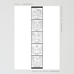 May include: Black and white printable page with illustrations depicting scenes from the Bible. The text includes phrases like "Jesus taught the people" and "Let the children come to me." The page is labeled "Page 1" and "A4 Size Print."