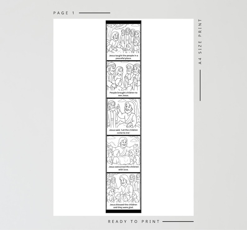 May include: Black and white printable page with illustrations depicting scenes from the Bible. The text includes phrases like "Jesus taught the people" and "Let the children come to me." The page is labeled "Page 1" and "A4 Size Print."