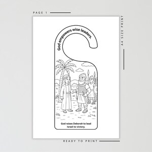 May include: Black and white door hanger featuring a biblical illustration. The text reads "God empowers wise leaders" and "God raises Deborah to lead Israel to victory". The design is ready to print, A4 size.
