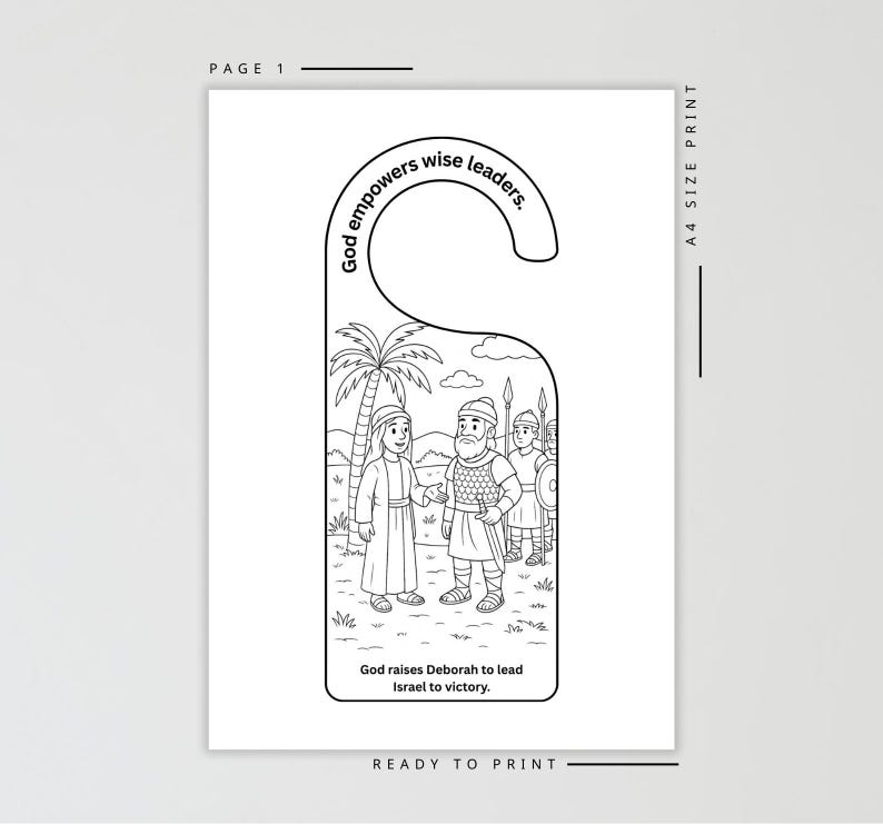 May include: Black and white door hanger featuring a biblical illustration. The text reads "God empowers wise leaders" and "God raises Deborah to lead Israel to victory". The design is ready to print, A4 size.