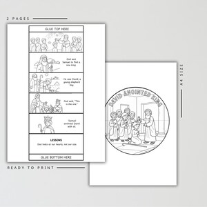 May include: Two-page ready-to-print coloring pages with illustrations and text. The first page features a series of panels depicting a biblical story. The second page has a circular illustration with the text "DAVID ANOINTED KING".
