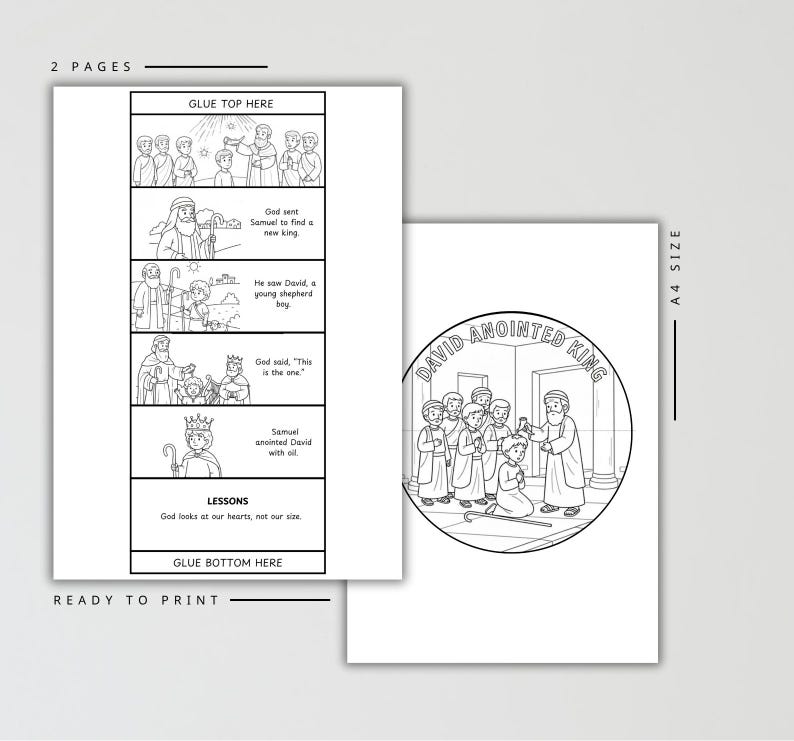 May include: Two-page ready-to-print coloring pages with illustrations and text. The first page features a series of panels depicting a biblical story. The second page has a circular illustration with the text "DAVID ANOINTED KING".