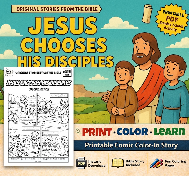 Jesus Chooses His Disciples Bible Comic Colouring Page for Kids: listing photo