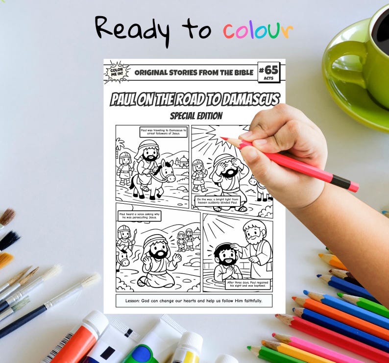 May include: A black and white coloring book page titled "Paul on the Road to Damascus" with comic-style illustrations. The text "Ready to colour" is written at the top. A hand is holding a red pencil, ready to color the page.