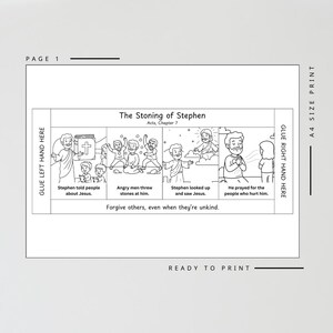 May include: Black and white illustrated printable page titled "The Stoning of Stephen" from Acts, Chapter 7. The page includes sequential panels depicting the story, with text captions and instructions for gluing.
