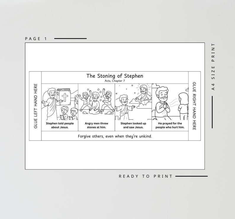 May include: Black and white illustrated printable page titled "The Stoning of Stephen" from Acts, Chapter 7. The page includes sequential panels depicting the story, with text captions and instructions for gluing.