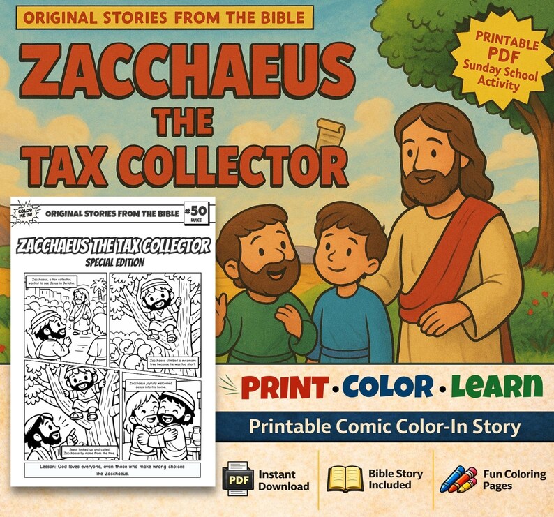 Zacchaeus the Tax Collector Bible Comic Colouring Page for Kids: listing photo