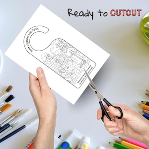 May include: A white door hanger with a black and white illustration of people building a wall, with the text "Work together with faith." and "Nehemiah leads people to rebuild Jerusalem's wall." The words "Ready to CUTOUT" are at the top.