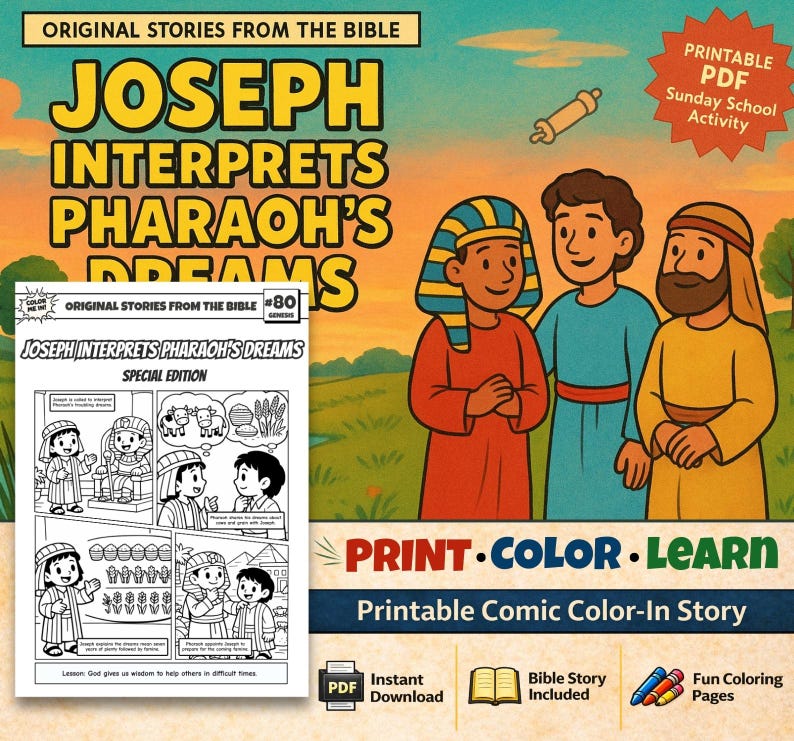 Joseph Interprets Pharaoh’s Dreams Bible Comic Colouring Page: listing photo