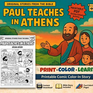 May include: A colorful illustration for a printable PDF Sunday school activity. The image features the text "Paul Teaches in Athens" and a comic book style illustration. The words "Print, Color, Learn" are also visible.