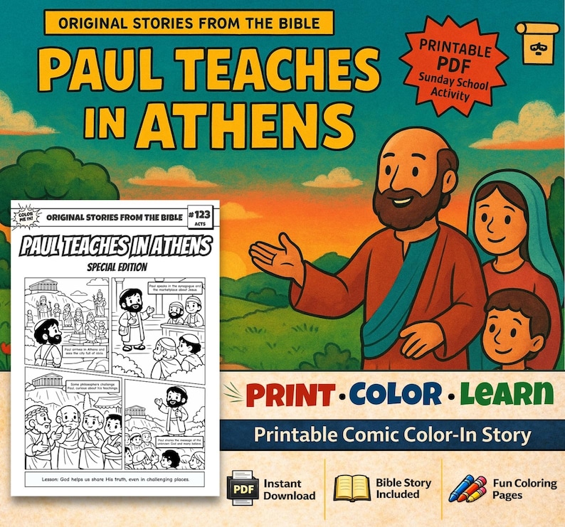 Paul Teaches in Athens Bible Comic Colouring Page: listing photo
