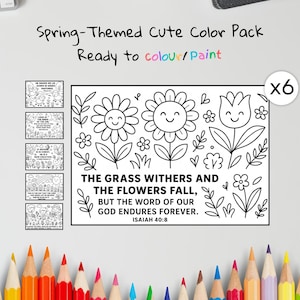 May include: A spring-themed coloring pack with the text "Spring-Themed Cute Color Pack Ready to colour/Paint". The pack includes six coloring pages with floral designs and Bible verses. A set of colored pencils is at the bottom.
