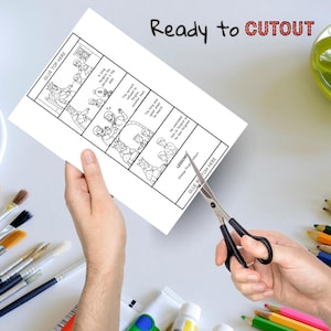 May include: A black and white illustrated cutout sheet with a biblical story, being cut with scissors. The text "Ready to CUTOUT" is at the top. The sheet includes the text "GLUE TOP HERE" and "GLUE BOTTOM HERE".