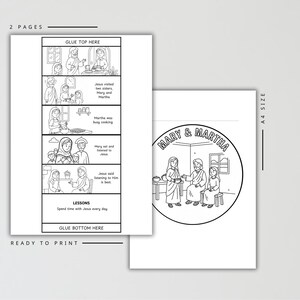May include: Two-page printable coloring pages with black and white illustrations. One page features a comic strip about Mary and Martha, with text. The other page has a circular illustration of Mary, Martha, and Jesus. The text says "READY TO PRINT".