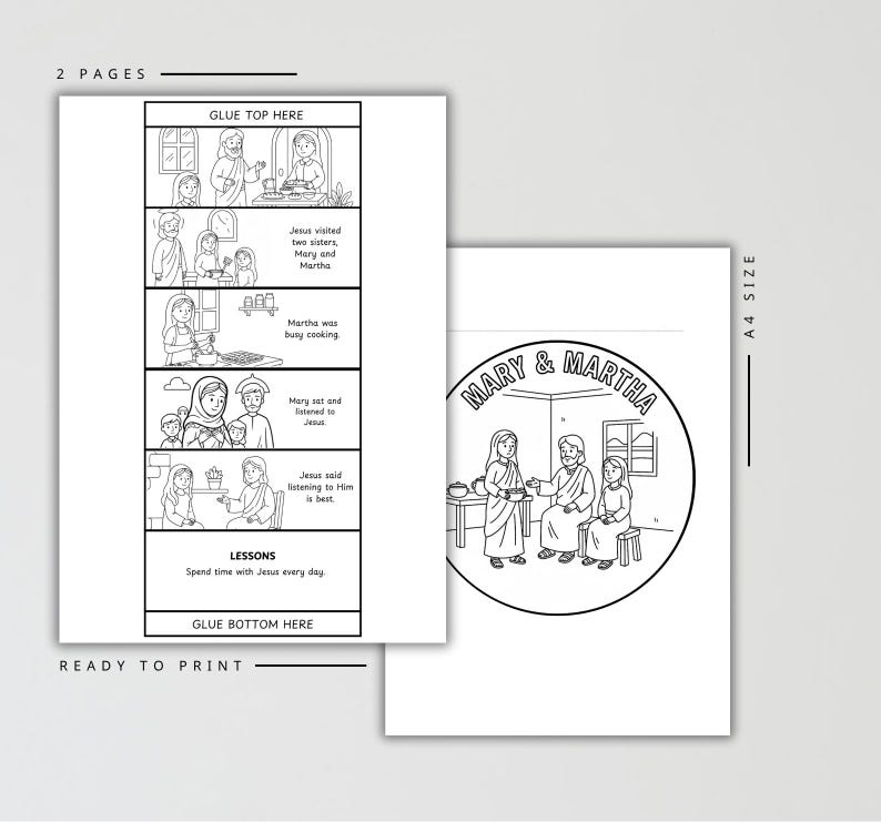 May include: Two-page printable coloring pages with black and white illustrations. One page features a comic strip about Mary and Martha, with text. The other page has a circular illustration of Mary, Martha, and Jesus. The text says "READY TO PRINT".