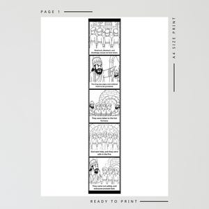 May include: A black and white illustrated comic strip with text. The strip depicts a story with multiple panels, including scenes of people, a king, and a furnace. The text includes phrases like "They were taken to the hot furnace" and "God sent help, and they were safe in the fire."
