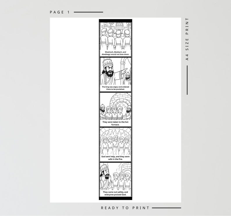 May include: A black and white illustrated comic strip with text. The strip depicts a story with multiple panels, including scenes of people, a king, and a furnace. The text includes phrases like "They were taken to the hot furnace" and "God sent help, and they were safe in the fire."