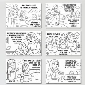 May include: A set of six black and white Bible story illustrations. Each image features line art depicting scenes with people, text, and religious themes. Captions include phrases like "Prayer Has Power" and "God Cares for the Faithful."