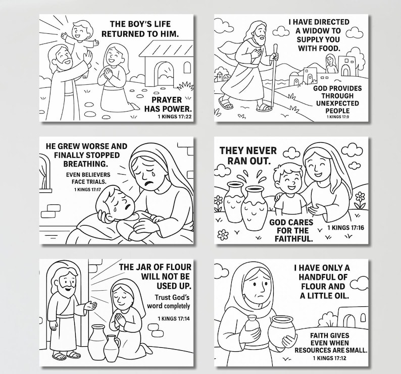 May include: A set of six black and white Bible story illustrations. Each image features line art depicting scenes with people, text, and religious themes. Captions include phrases like "Prayer Has Power" and "God Cares for the Faithful."