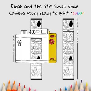 Op de afbeelding: Zwart-wit illustratie van een camera met een gele accentkleur, met een verhaal over Elia. De tekst luidt "Elijah and the Still Small Voice Camera story ready to print / colour". Inclusief filmverhaal en camera.