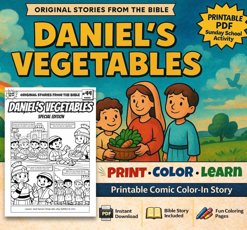 Daniel’s Vegetables Bible Comic Colouring Page: listing photo