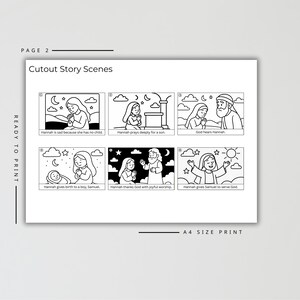 May include: Black and white cutout story scenes featuring a woman praying, with text including "Hannah is sad because she has no child" and "Hannah gives Samuel to serve God." The scenes are ready to print.
