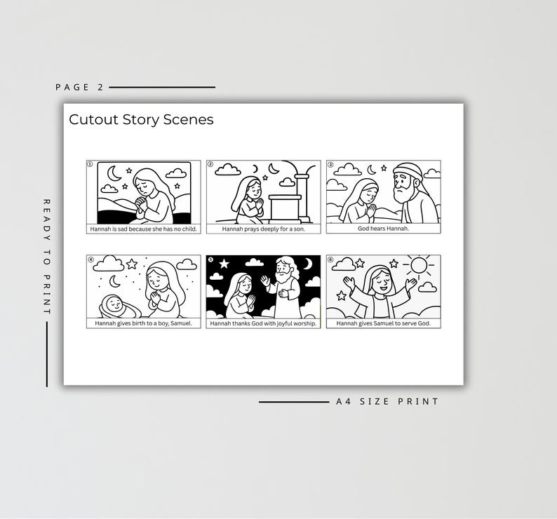 May include: Black and white cutout story scenes featuring a woman praying, with text including "Hannah is sad because she has no child" and "Hannah gives Samuel to serve God." The scenes are ready to print.