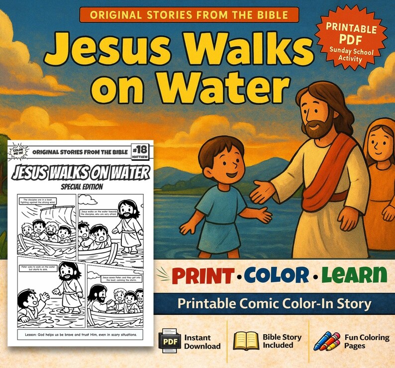 Jesus Walks on Water Bible Comic Colouring Page: listing photo