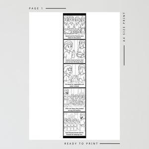 May include: Black and white illustrated print with a religious theme. The print features a series of panels depicting a biblical story, including text that reads "Daniel and his friends were taken to the palace" and "Ready to Print."