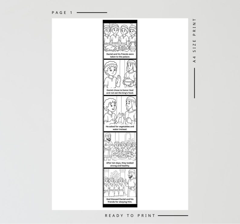 May include: Black and white illustrated print with a religious theme. The print features a series of panels depicting a biblical story, including text that reads "Daniel and his friends were taken to the palace" and "Ready to Print."