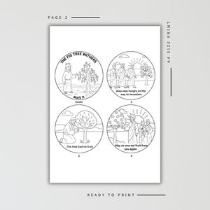 May include: Black and white line art illustrations on a white page. The page is labeled "Page 2" and "A4 Size Print". The illustrations depict scenes with text including "The Fig Tree Withers", "Mark 11", and "Jesus was hungry on the way to Jerusalem".