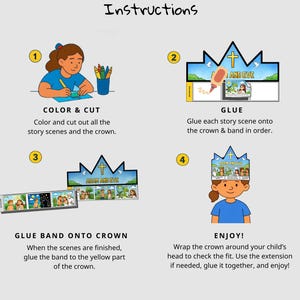 May include: Instructions for an Adam and Eve crown craft. The steps include coloring, cutting, gluing, and assembling the crown. The text on the crown reads "Adam and Eve". The image shows a child wearing the finished crown.