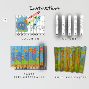 May include: An illustrated instructional guide with the word "Instructions" at the top. The guide shows steps for coloring, cutting, pasting, and folding a colorful paper craft. The text includes "COLOR IN", "CUTOUT", "PASTE ALPHABETICALLY", and "FOLD AND ENJOY!"