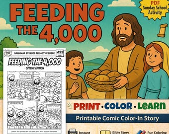 Página para colorear de la Biblia A4 "Alimentando a los 4000" / Manualidad para la escuela dominical / Estudio bíblico para niños / Actividad para la iglesia infantil / Marcos 8