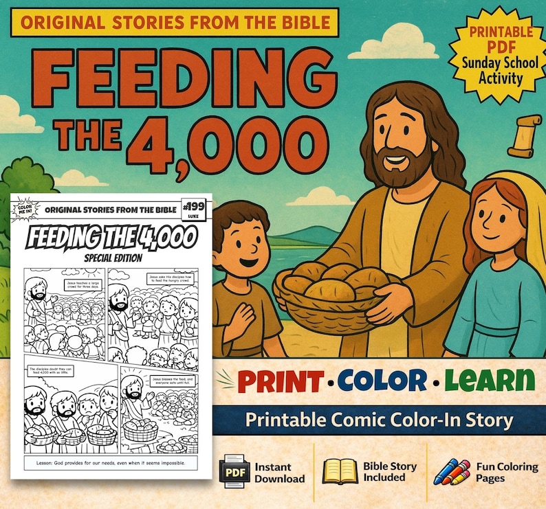 Feeding the 4,000 Bible Comic Colouring Page: listing photo
