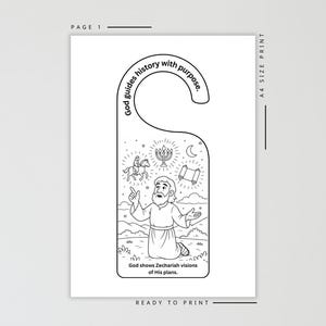May include: Black and white door hanger with a cutout for the doorknob. The design features an illustration of a biblical scene with text that reads "God guides history with purpose" and "God shows Zechariah visions of His plans."