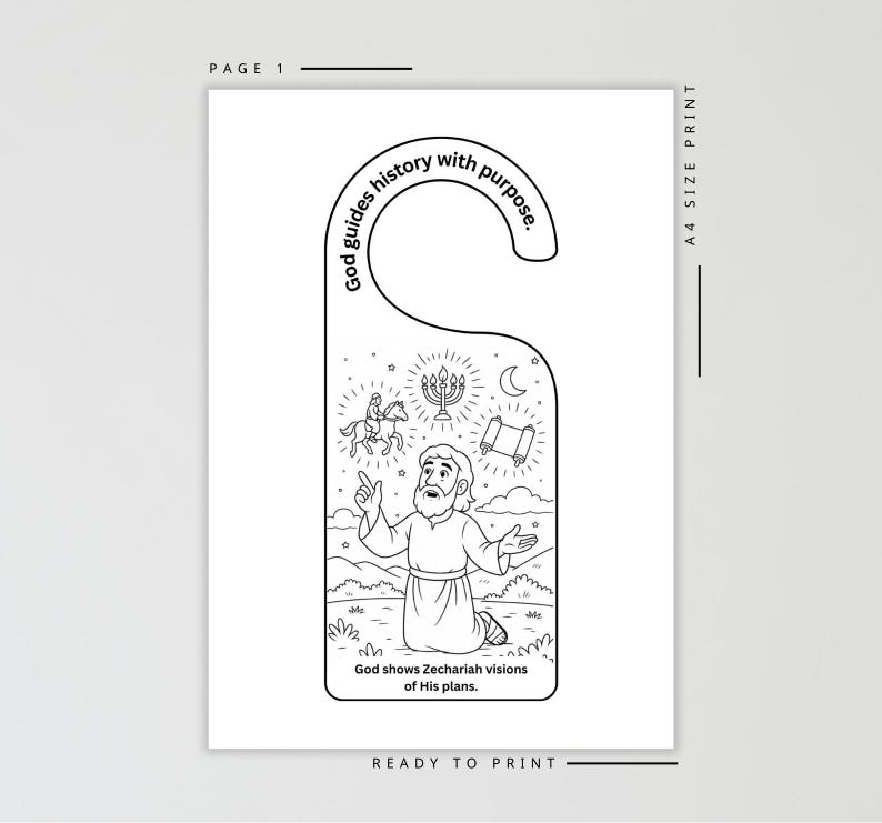 May include: Black and white door hanger with a cutout for the doorknob. The design features an illustration of a biblical scene with text that reads "God guides history with purpose" and "God shows Zechariah visions of His plans."