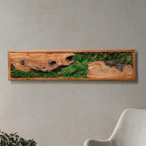 Horizontal Moss and Olive Wood Art, Handmade Preserved Greenery Decor, Long Botanical Nature Design, Rustic Wooden Frame Accent