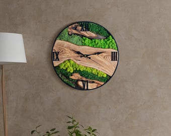 Preserved Moss & Olive Wood Wall Clock – Handmade Round Natural Wood Timepiece, Modern Organic Rustic Home Decor