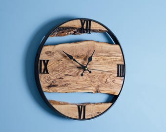 Handcrafted Olive Wood Live Edge Clock: Rustic Metal Frame Wall Decor