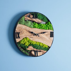Live Edge Olive Wood & Moss Wall Clock - Metal Frame Botanical Decor